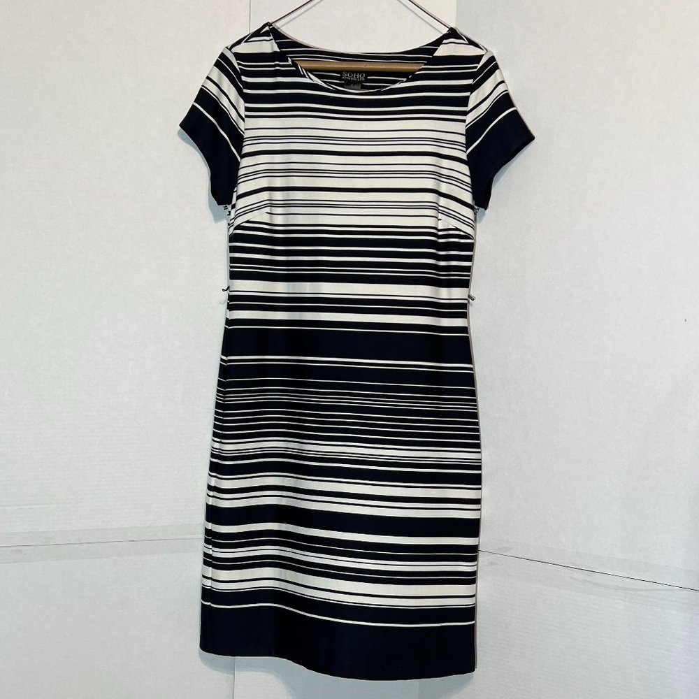 SOHO Apparel Midi dress scoop neckline with horizontal black lines.